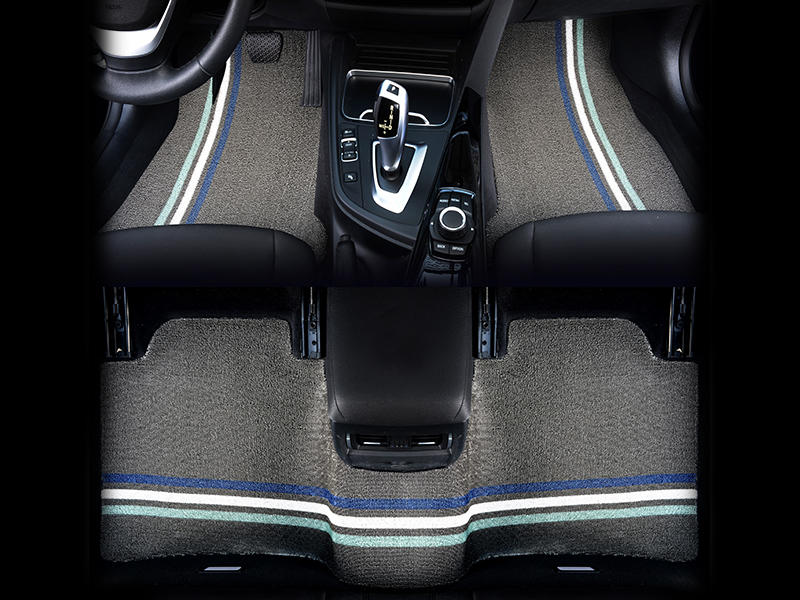 Car mat grey bottom blue and white edge combination